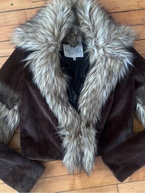 Rachel Roy Fur Brown Coat tan brown multiple fur textures big collar size xs